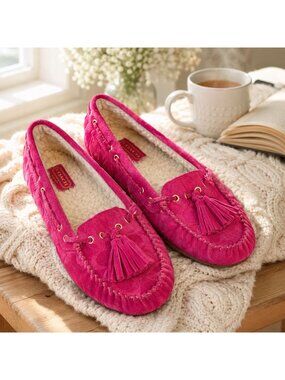 Coach Anita Fuscia Suede Tassel Moccasin Slippers Womens Size 8.5 EUC Sherpa